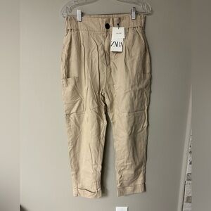 Zara Khaki Linen Paper Bag Pants‎